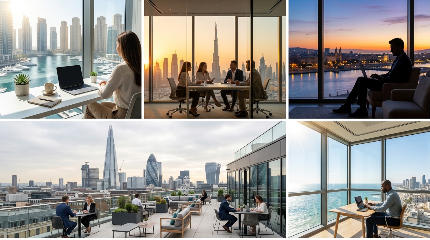 A modern open-plan coworking space with shared desks demonstrating hot desking in practice