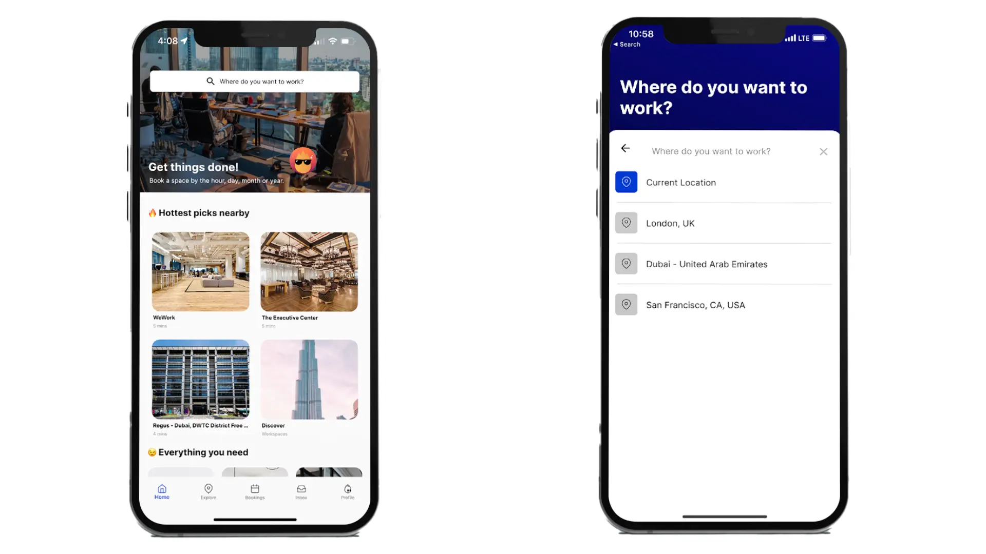 Hotdesk app showing nearby workspace listings