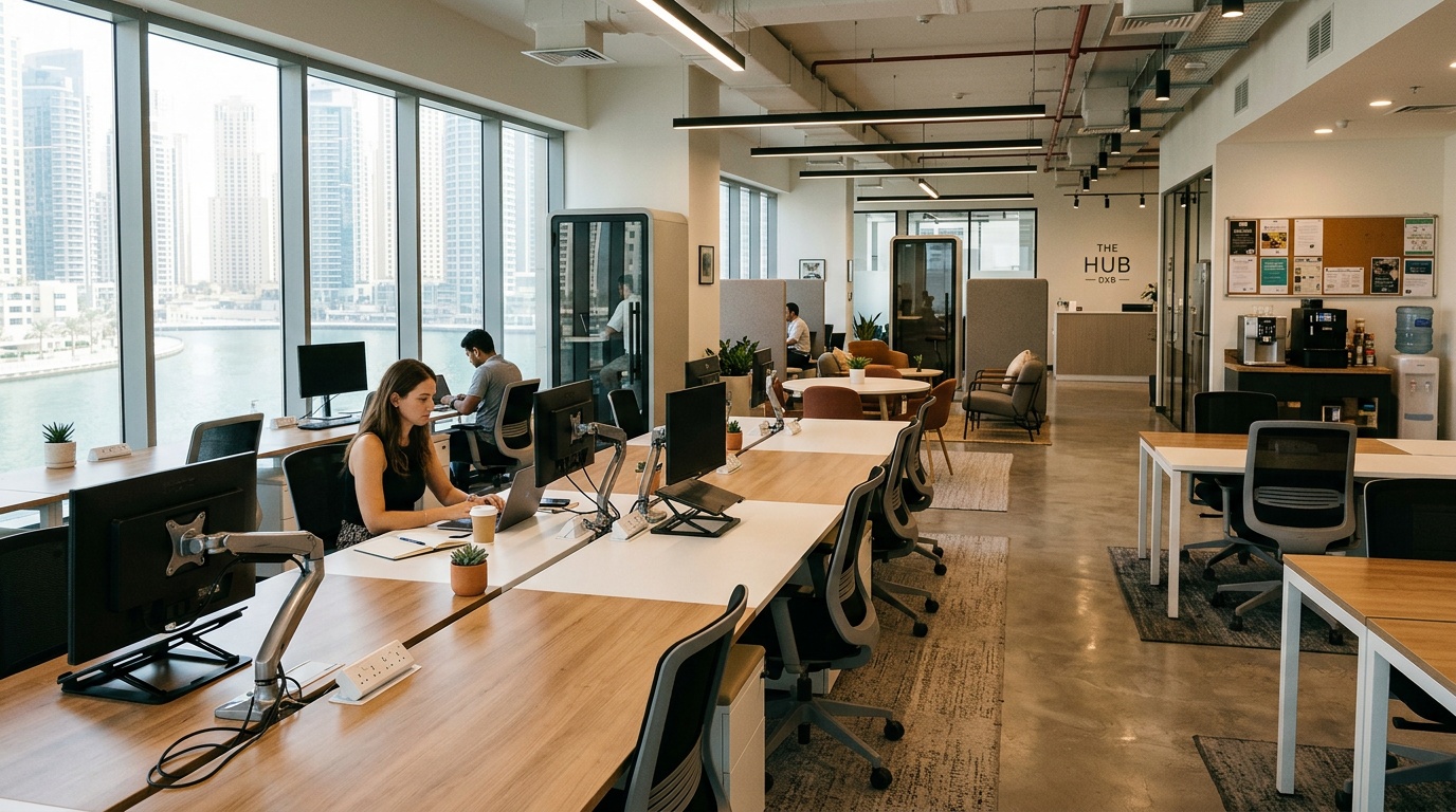 Solo freelancer working at a coworking desk in Dubai