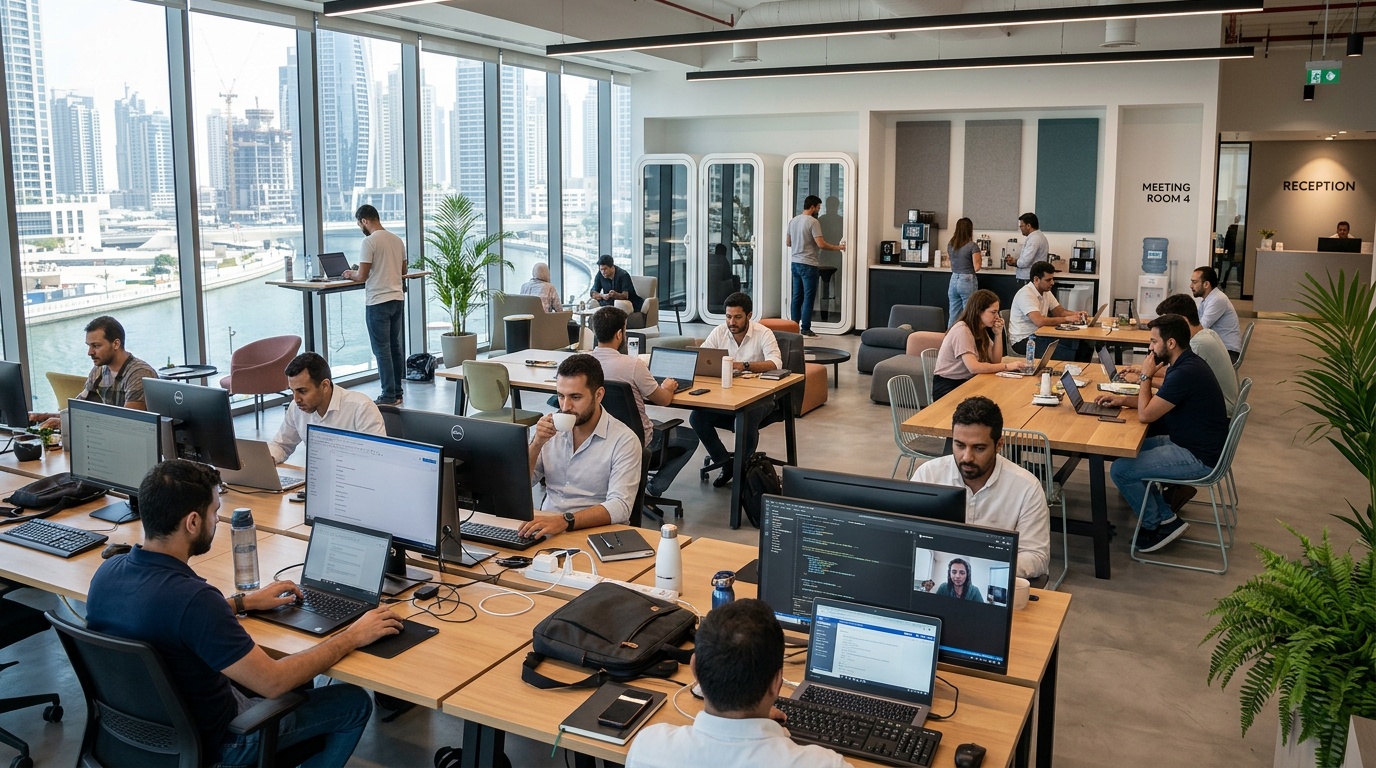 Remote worker using a desk in a Dubai coworking space