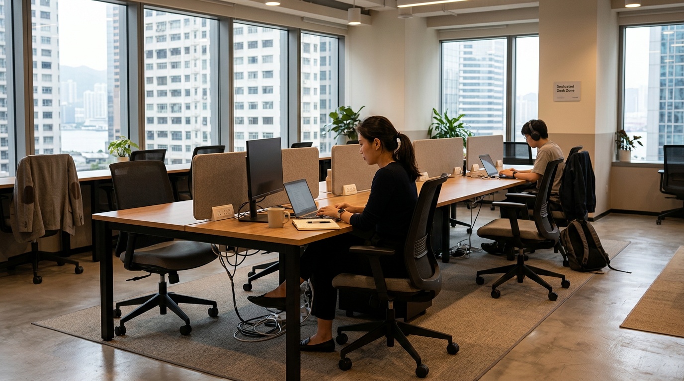 Professional working at a desk in a Hong Kong coworking space