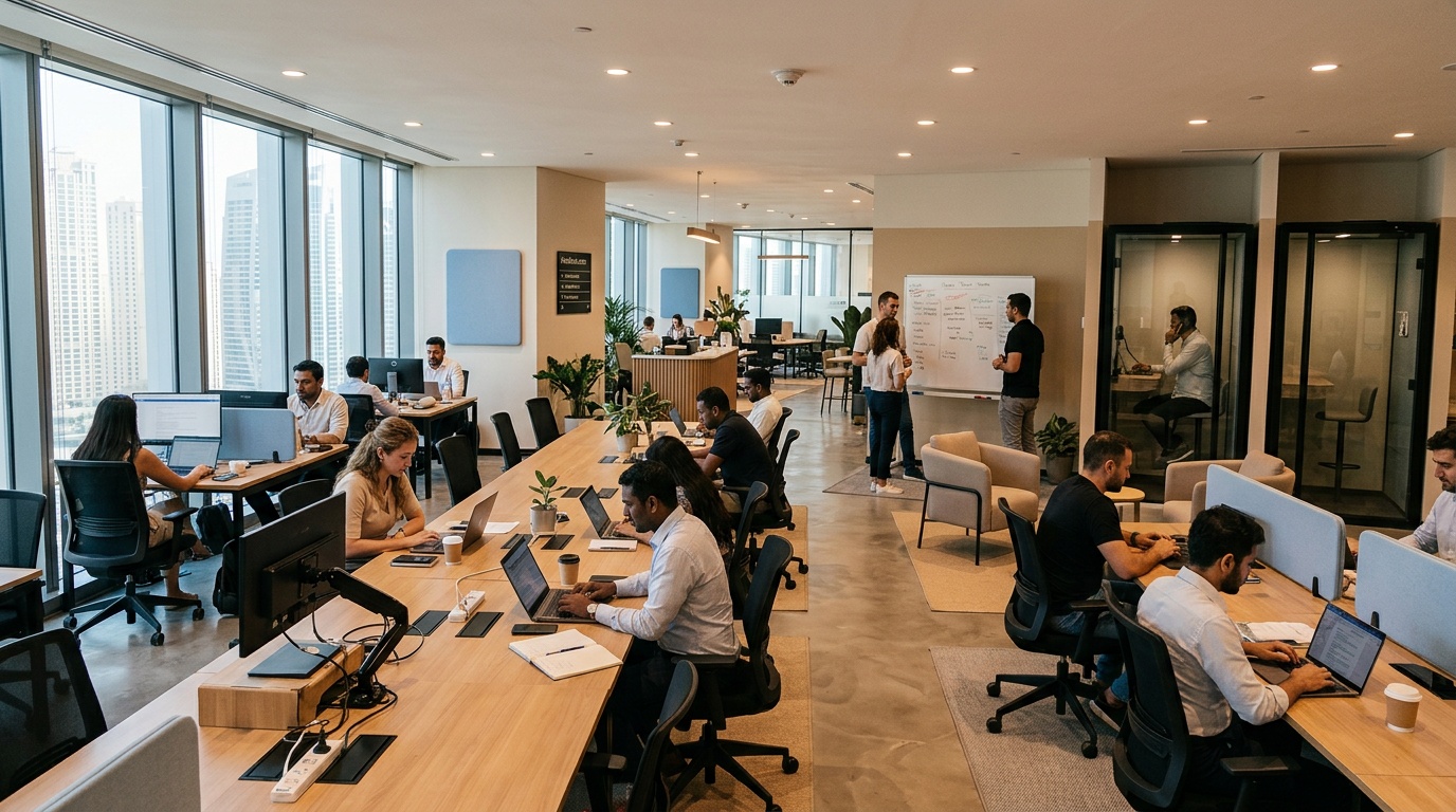 Members working at desks in a Dubai coworking space