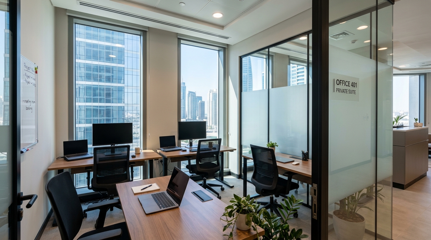 Coworking desks in a Dubai office
