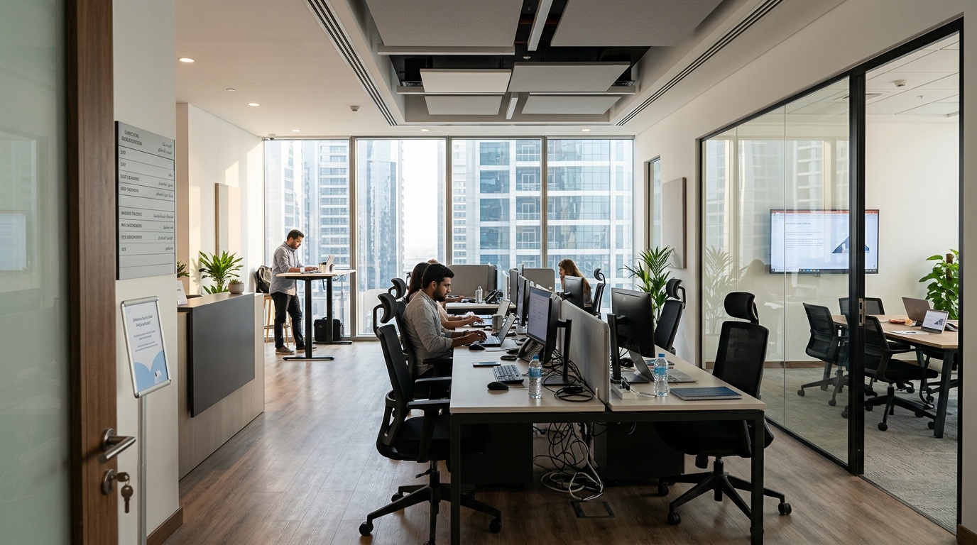 Team comparing flexible office requirements before booking a Dubai workspace