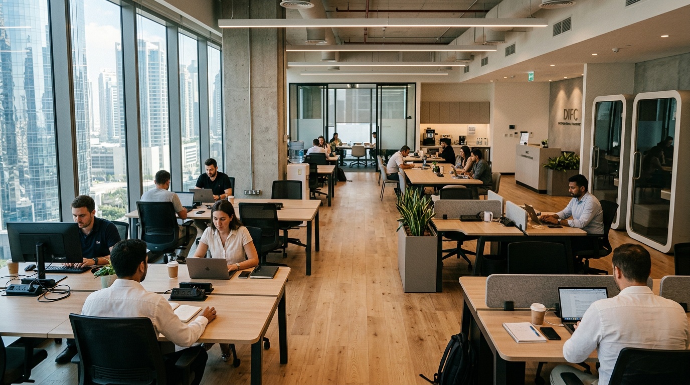 Startup team working at flexible desks in a Dubai coworking space