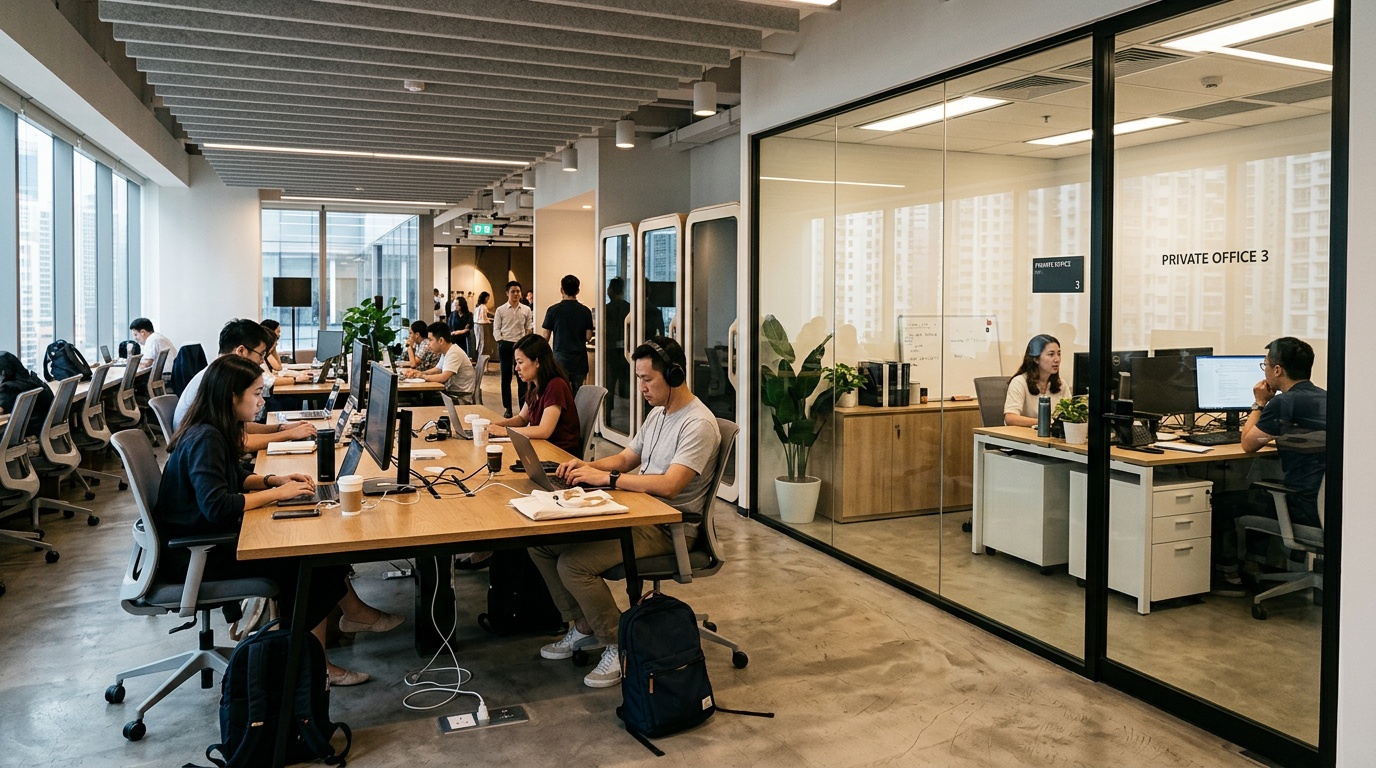 Private office and hot desk amenities in a Hong Kong coworking space